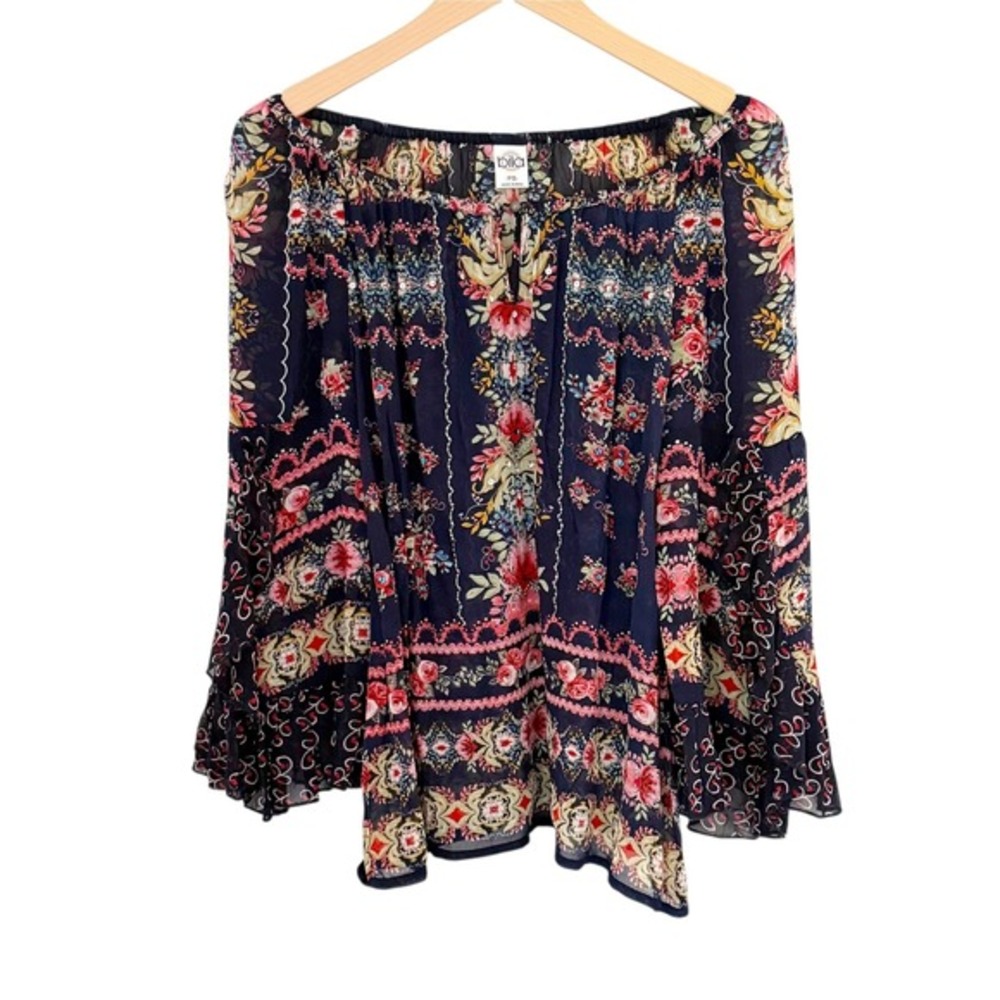 Bila Peasant Boho Blouse Floral Sequin Navy Blue Bell Sleeve Top Small Petite PS